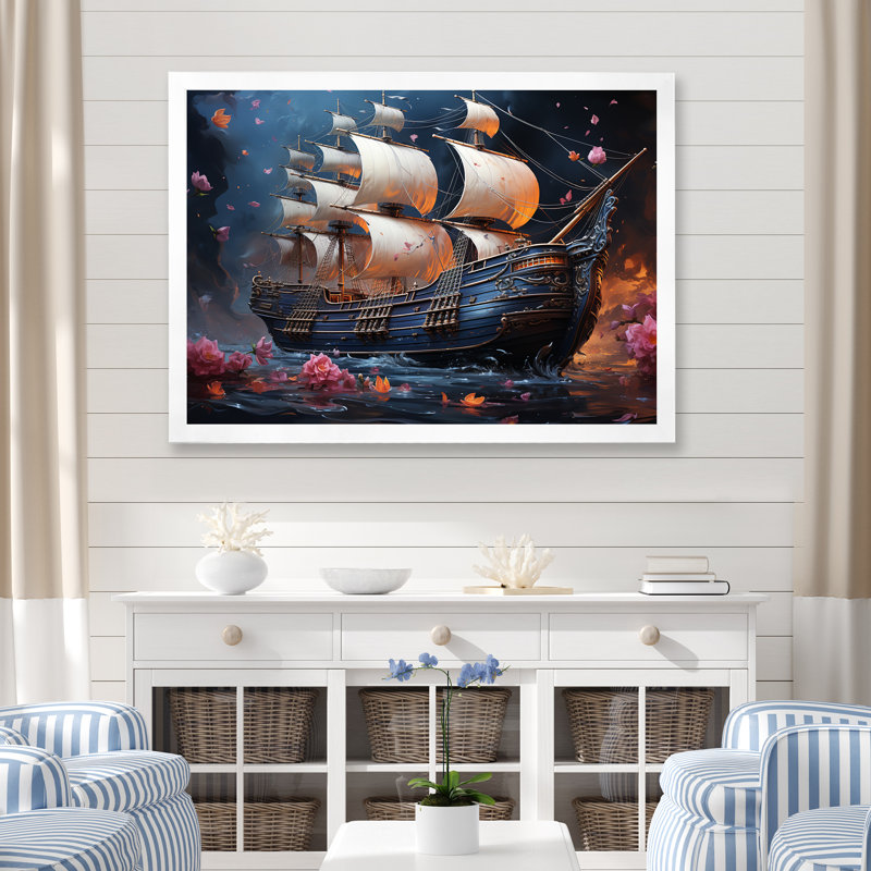 Pirate Ship Nightly Voyage III - Art mural pirate, Cadre de coin blanc fermé, H 30 po x l 40 po x P 1,5 po