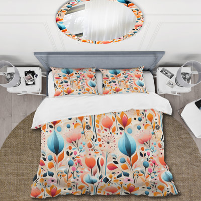 Minimalist Pastel Flowers Pattern I - Ensemble de housse de couette Mid-Century