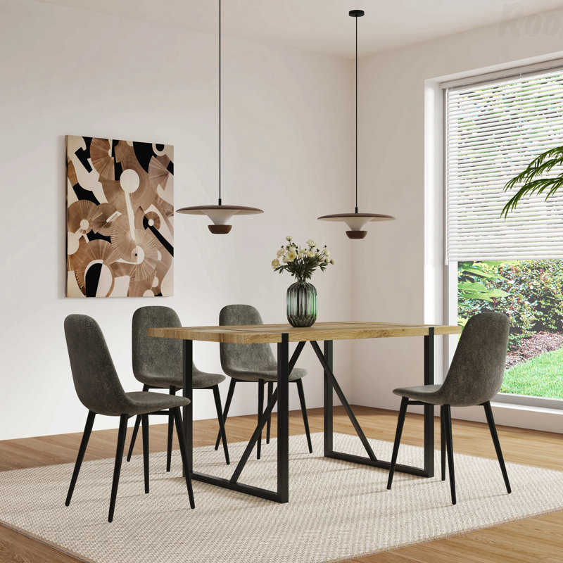 Ensemble de salle à manger 5 pièces Mid Century: table en bois aggloméré de 55 po et 4 chaises en suède, base et pieds en métal
