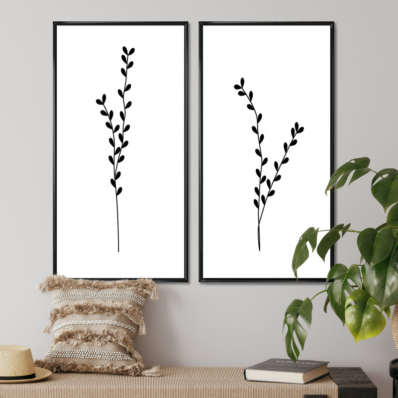 Silhouette unique de plante monochrome Boho I - ensemble de 2 impressions, H 32 po x l 32 po x P 1 po, Cadre noir