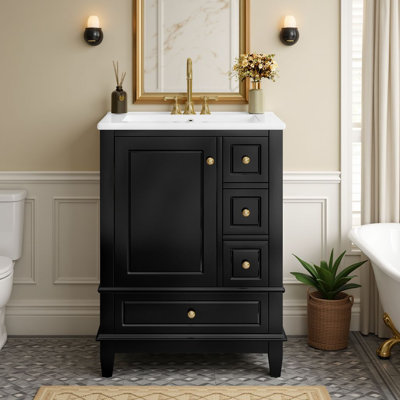 24" Freestanding Single Bathroom Vanity With Ceramic Sink, Storage Cabinet With 3 Drawers & Door Racks