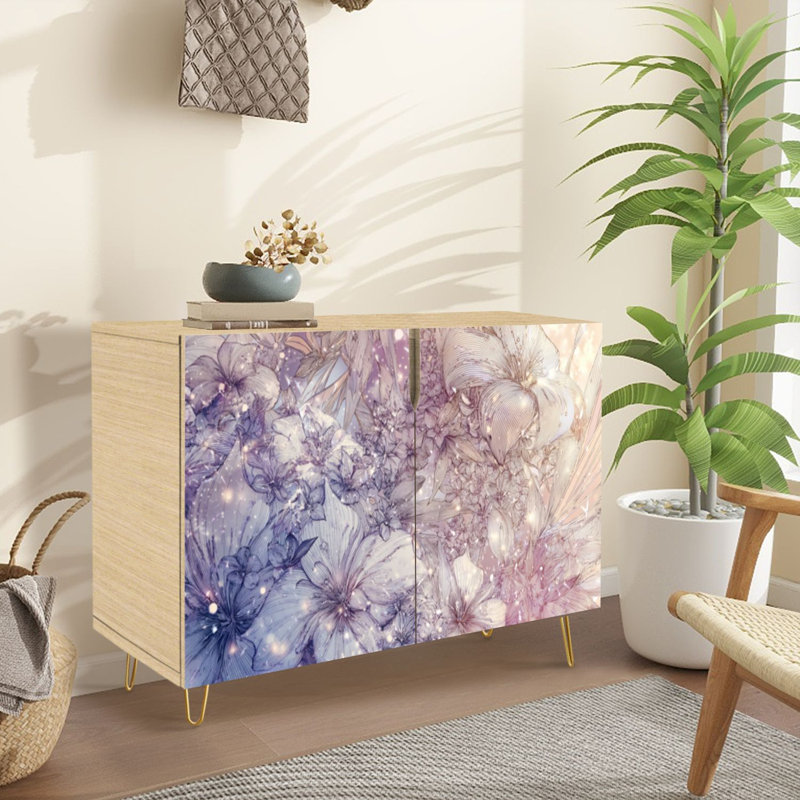 Buffet Buffet avec rangement Fantasy Botanical Universe, gravé avec 2 portes pour le salon et la cuisine