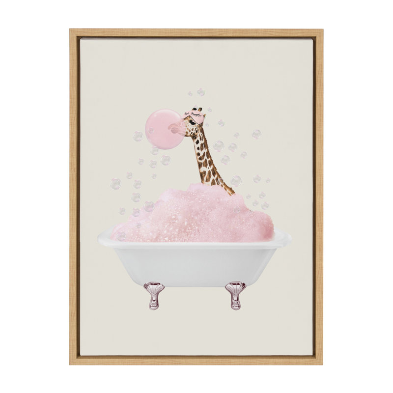 Girafe prenant un bain par juillet, reproduction d'art sur toile encadrée, Naturel