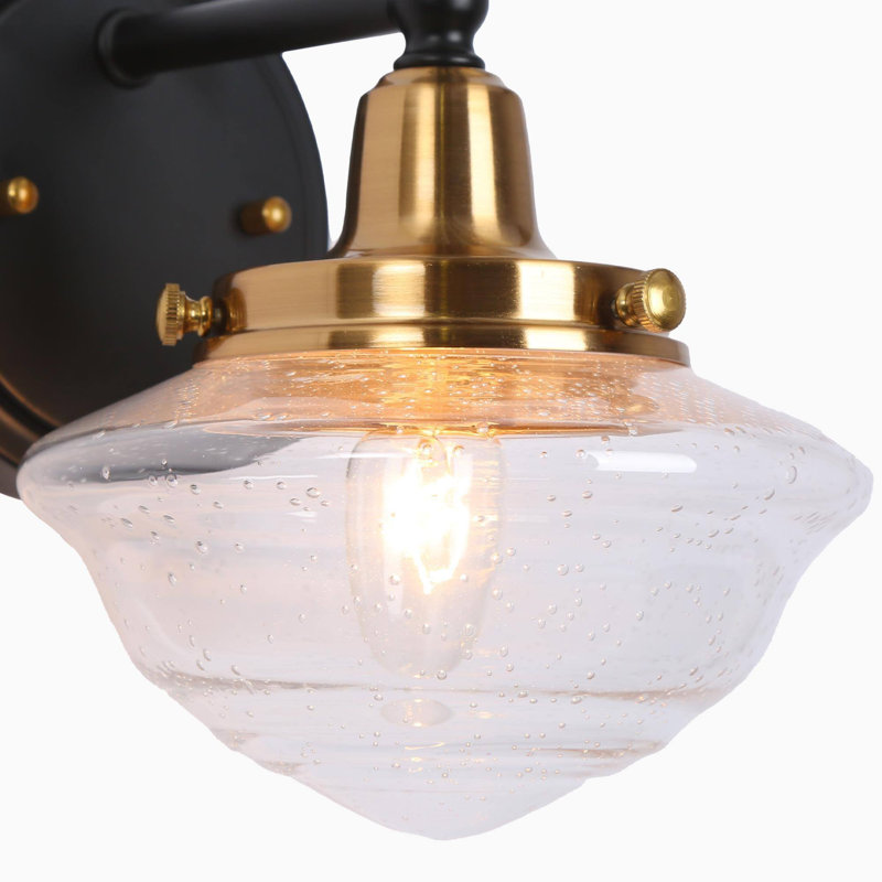 Eugie 1-Light Black & Gold Dimmable Wall Sconce with Seeded Glass for Damp Indoor