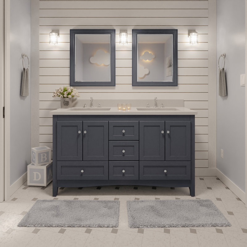 Edber 60'' Double Bathroom Vanity with Top, Marine Gray, Quartz