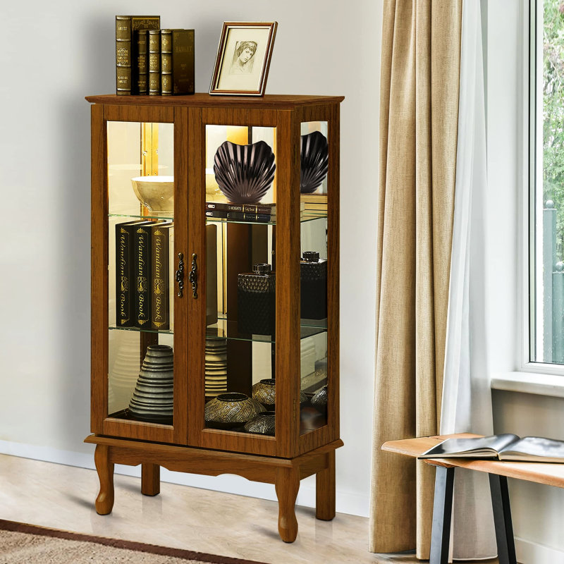 Armoire vitrée de style classique en chêne avec miroir intérieur et tablettes réglables éclairées, panneau arrière, Chêne