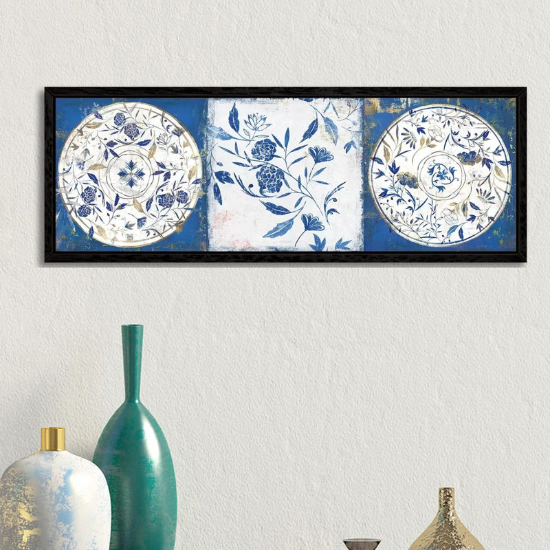 Indigo Ceramics II by Isabelle Z - Panoramic Painting on Canvas, 30.48 cm H x 91.44 cm W, Black Framed