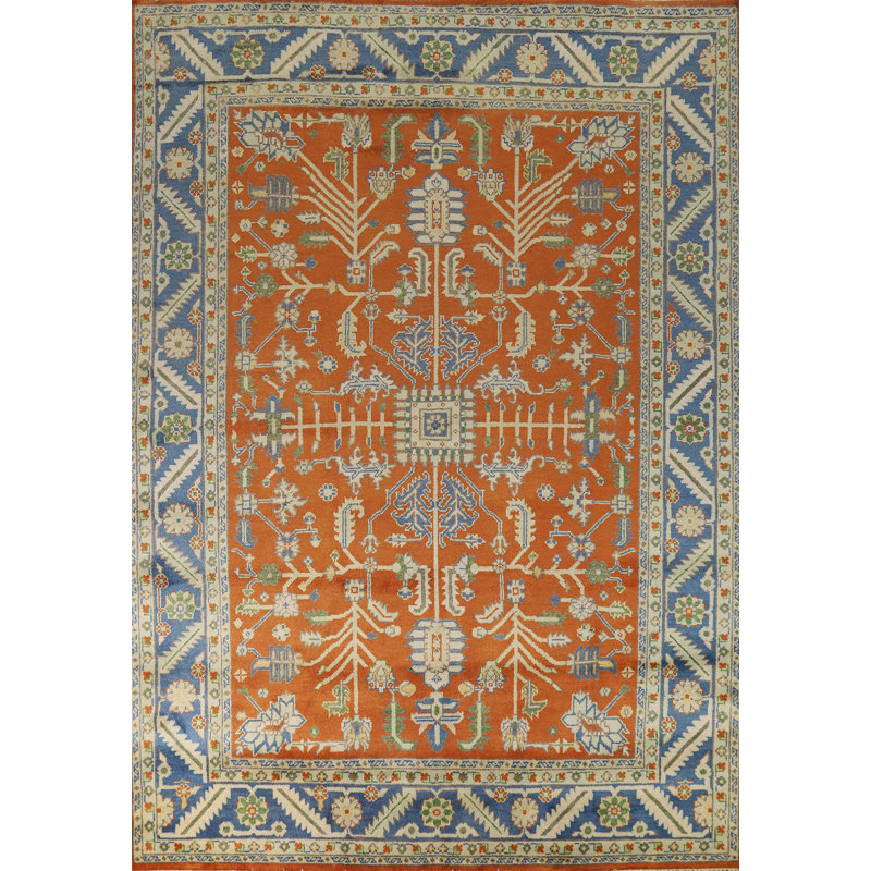 Tapis oriental en laine orange à motif floral Oushak 9 x 12