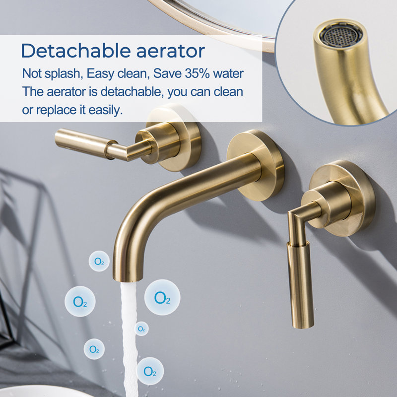 Modern Wall Mounted 2-handle Bathroom Sink Faucet in Brushed Gold, Lead-Free Solid Brass, Brushed Gold, Lever Handle