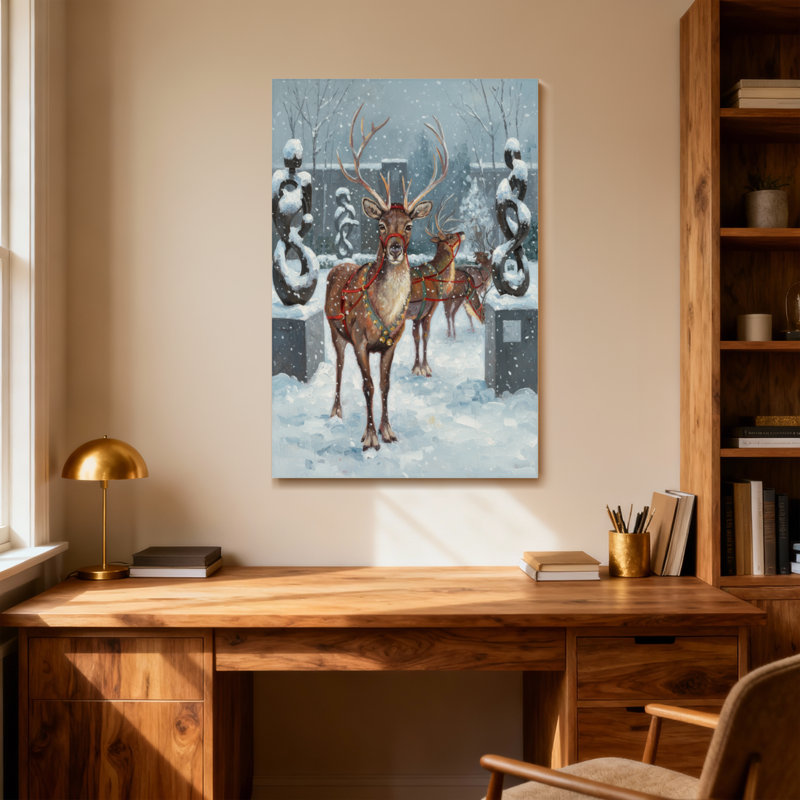 Animaux, renne dans une scène d'hiver enneigée avec décorations