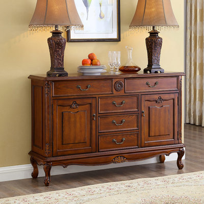 Walnut Finish Solid Rubber Wood Rectangular Sideboard Cabinet