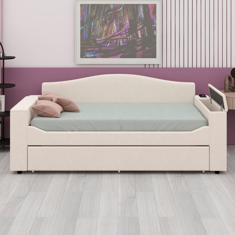 Upholstered Daybed With Storage Armrests, Trundle Bed And Latest Integrated Bluetooth Audio System, Beige