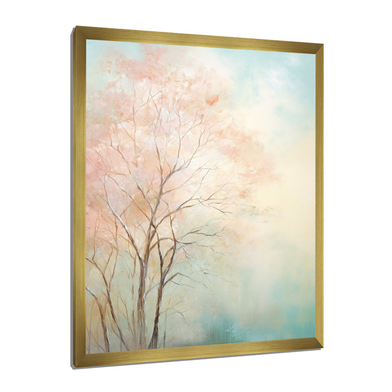 " Beige Teal Trees Romantic Impression ", 40" H x 30" W x 1.5" D, Gold Picture Framed
