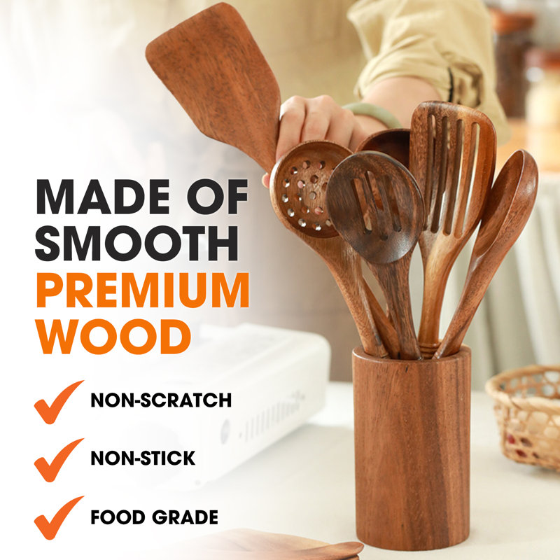 Deluxe 9-Piece Natural Wood Cooking Utensils Set with Holder