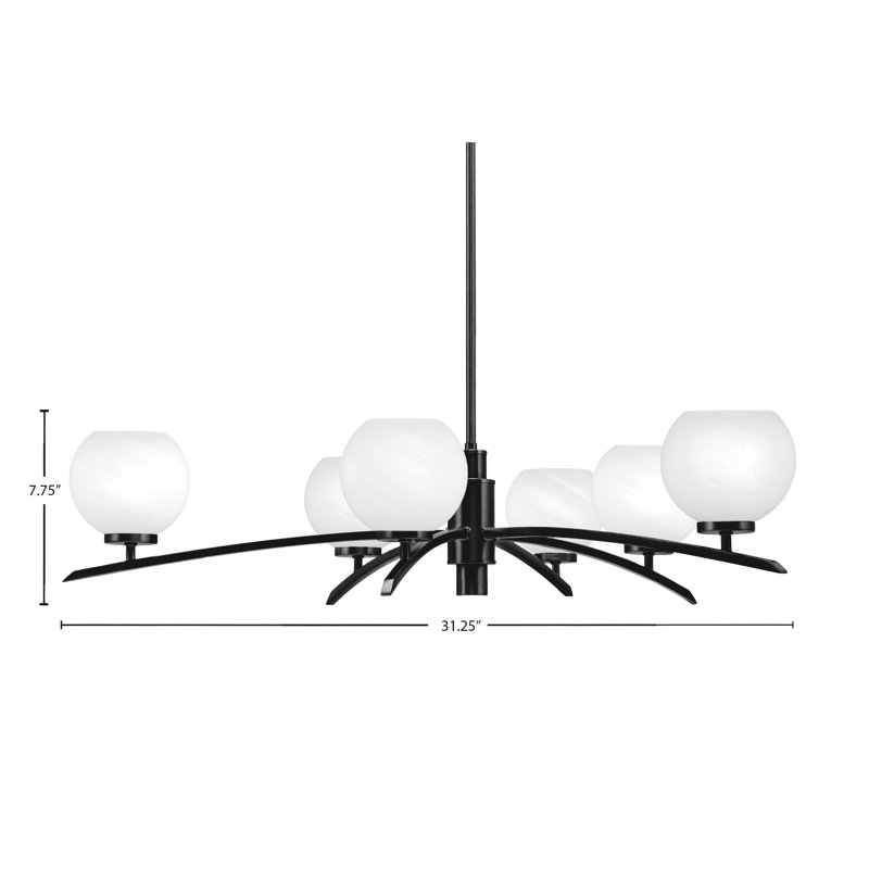 Lustre lumineux en verre marbré blanc 5,75 po, H 58,25 po x l 31,25 po x P 31,25 po, Noir mat, 6