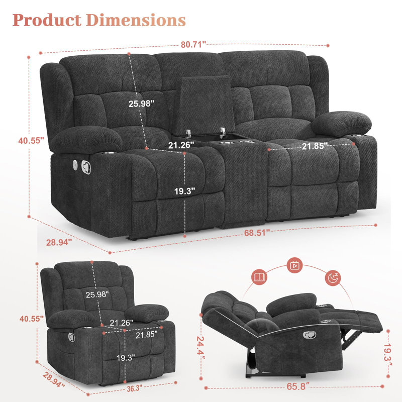 Loveseat Recliner Sofa, 2 Seater Curved Sofa for Living Room, Fabric Manual Pull Tab Reclining Loveseat with Storage Console, Recliner Loveseat Couches with USB Charge Ports, Cup Holders