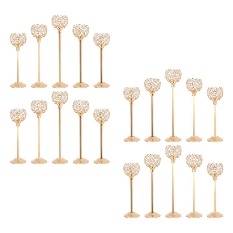 20-Piece Metal & Glass Candle Holder Set, Tiered Beaded Table Centerpiece Candlesticks For Wedding And Living Room, Gold, 20