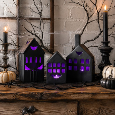 Purple LED Ceramic Haunted-House Lights for Halloween with Timer