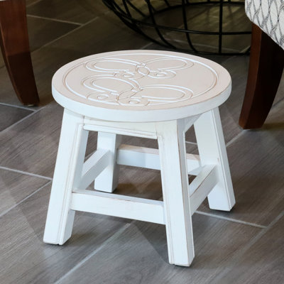 Marchepied en bois avec papillons, blanc antique. Bois d'hévéa robuste pour une utilisation polyvalente comme sièges. Tabouret 11 "D Butterflies, construction de mini tables d'appoint. Diamètre de 11 pouces