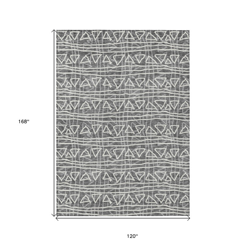10' X 14' Charcoal Grey And Ivory Geometric Washable Indoor Outdoor Area Rug