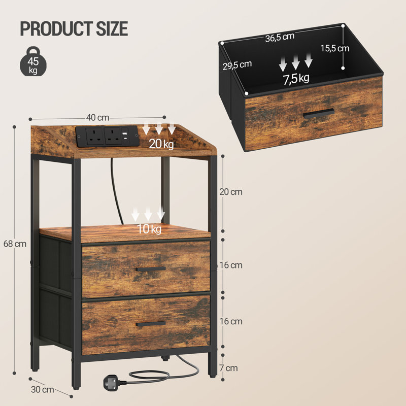 Bedside Table with LED Lights and Charging Station, Bedside Cabinet with 2 Fabric Storage Drawers, Nightstand with USB Ports & TypeC for Bedroom, Livingroom