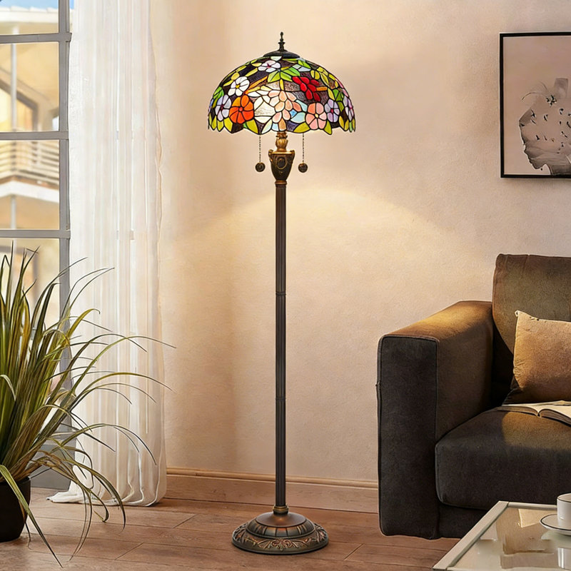 64"H Tiffany Style Floor Lamp with Stained Glass Shade and Resin Base, Grape Flower