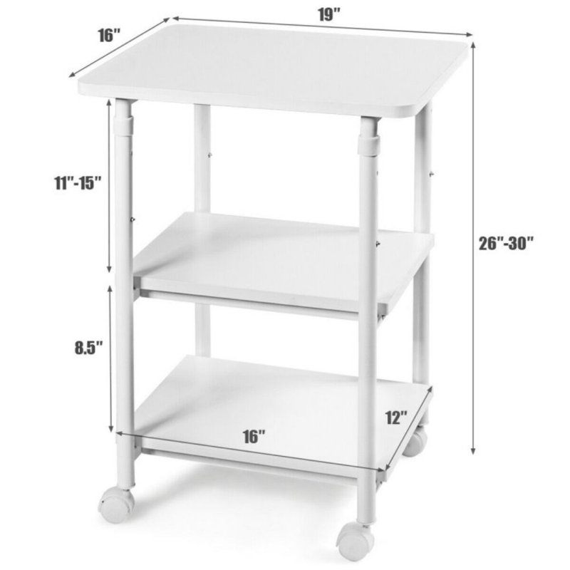 White Adjustable 3-Tier Rolling Printer Cart with Storage Shelves