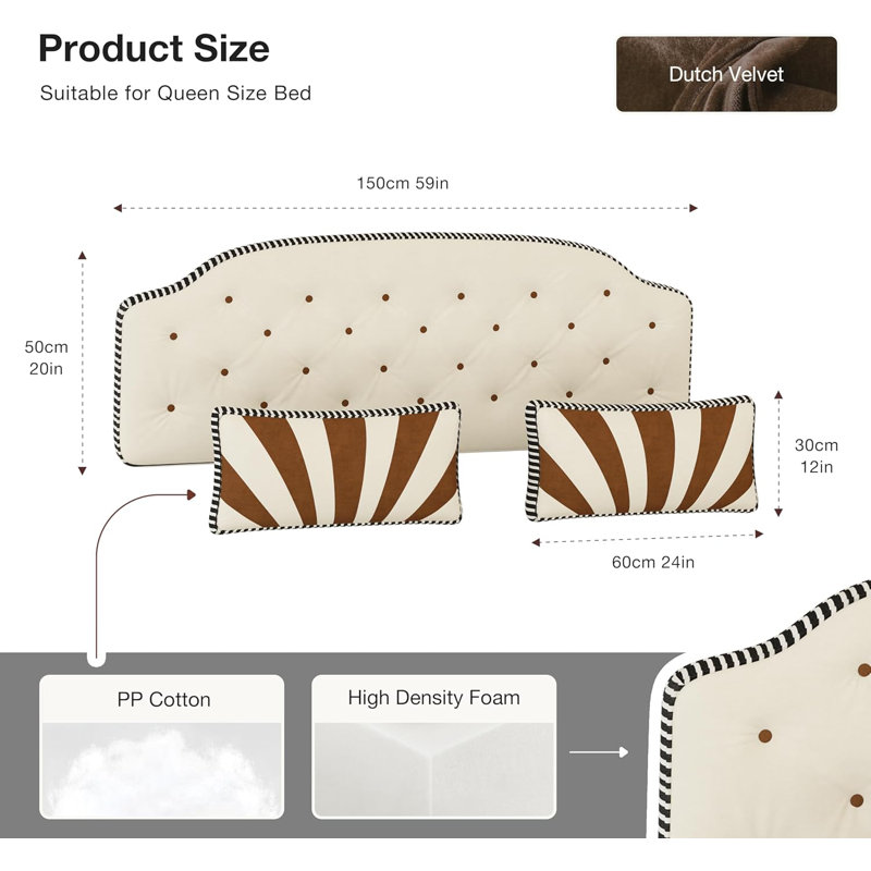 WOWMAX Tufted Upholstered Headboard Queen Size with 2 Throw Pillows, Upholstered Velvet Bed Headboard for Bedroom,Beige Compression