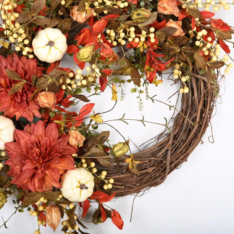 Couronne de citrouille 24 po avec dahlia, 26" H x 26" W, White
