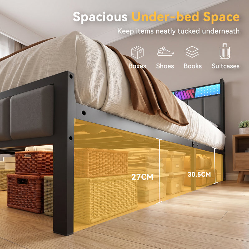 Upholstered Bed Frame with Charging Station and LED Lights, Double (4'6)