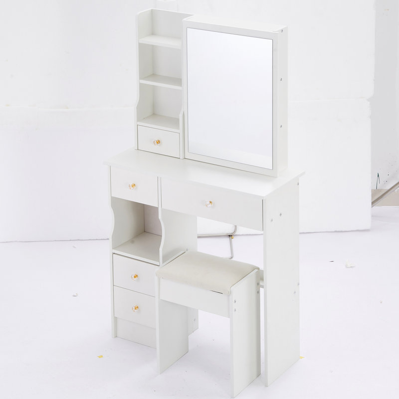 29.2" Small Space Left Drawer Desktop Vanity Table + Cushioned Stool, Extra Large Right Sliding Mirror, Multi Layer High Capacity Storage, Practical Fashionable Dresser, Suitable For Small Space
