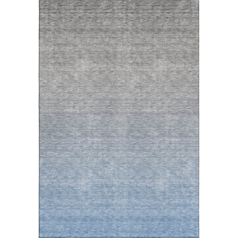 Gray and Blue Ombre Washable Synthetic Rectangular Rug