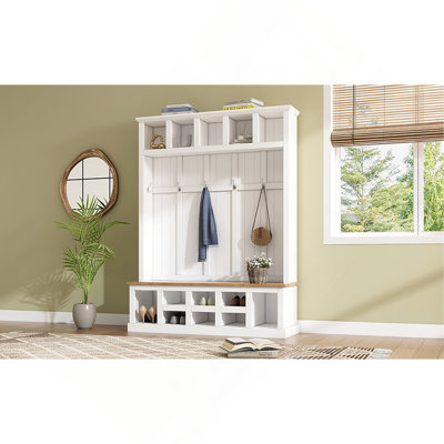 Arbre d'entrée moderne en bois de style campagnard H 78 po avec banc de rangement large, armoire à chaussures d'entrée avec 13 compartiments, portemanteau élégant avec 6 crochets pour le vestibule, salon, blanc