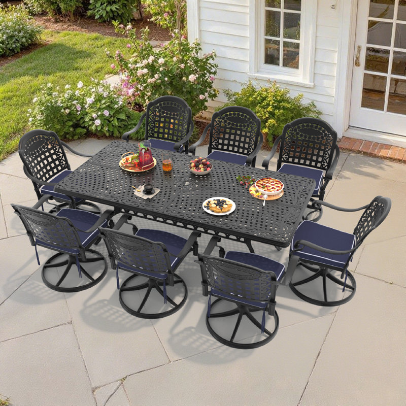 9-Piece Rectangle Cast Aluminum Outdoor Patio Dining Set with Swivel Chairs & Cushions & Umbrella Hole