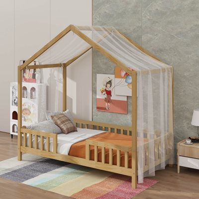 Montessori Floor Bed With Canopy, Twin Bed Frame For Kids, House Shape Toddler Bed Frame With High Railings