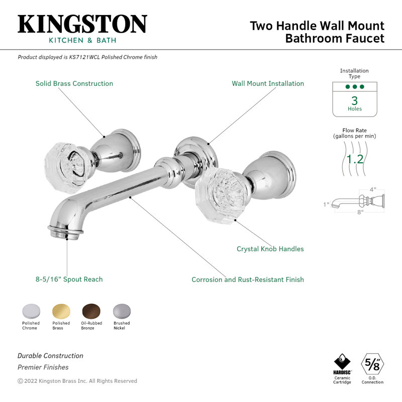 Kingston Brass Celebrity Two-Handle 3-Hole Wall Mount Bathroom Faucet, Brushed Nickel