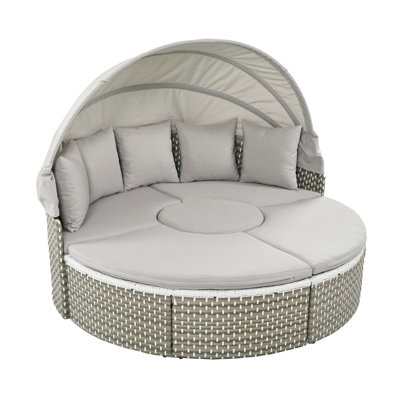 Patio Furniture Round Outdoor Sectional Sofa Set Rattan Daybed Two-Tone Weave Sunbed with Retractable Canopy, Separate Seating and Removable Cushion