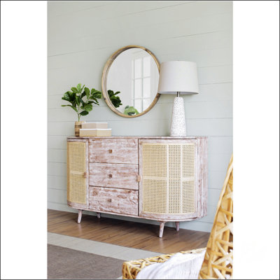 Console 57X16x33 avec portes en canne, matériaux mixtes et grand rangement pour les salons modernes