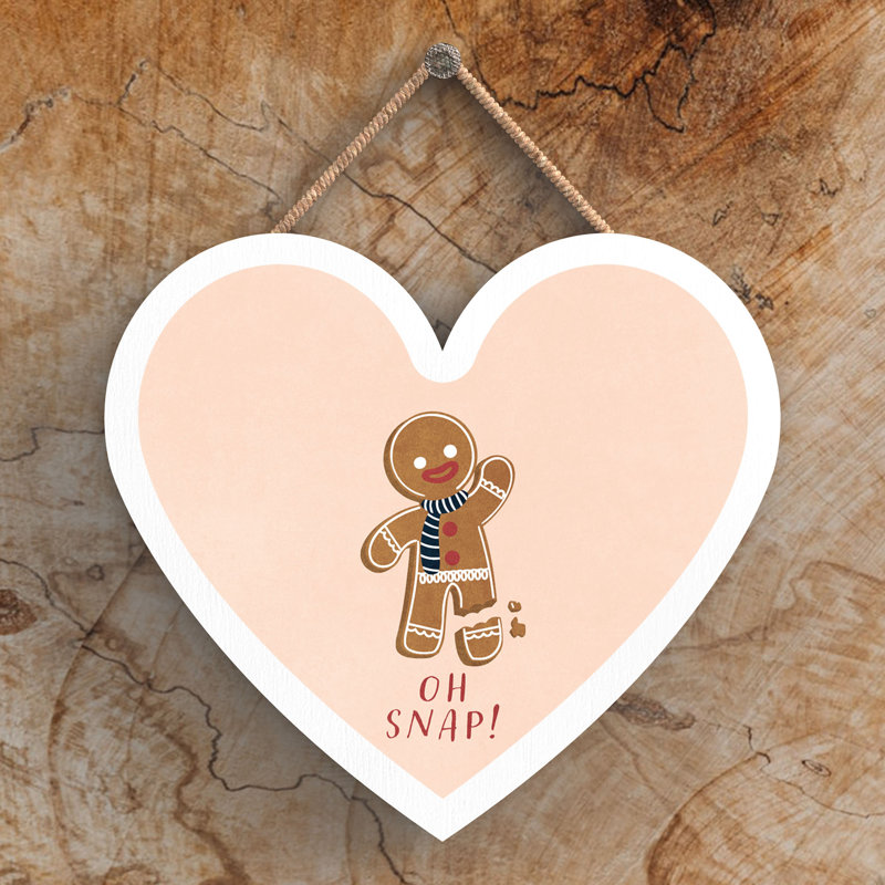 Xmas Oh Snap Gingerbread Wooden Heart Plaque, 10cm H x 9cm W x 0.5cm D