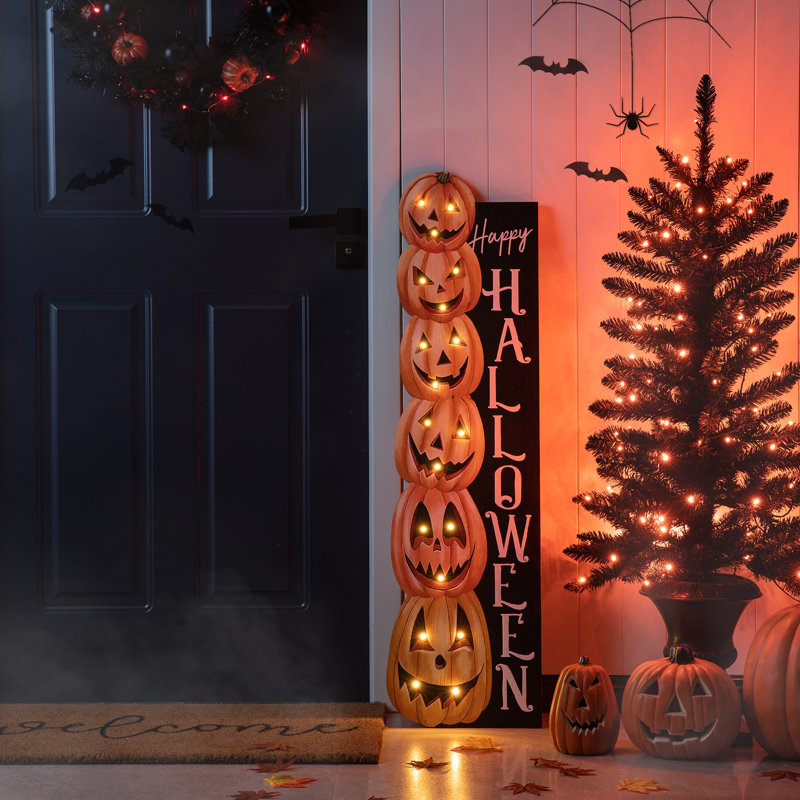 42"H Lighted Halloween Wooden Stacked Pumpkins Porch Sign With Timer