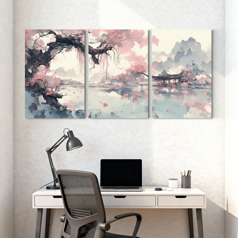 Paysage et nature, arbre à fleurs de cerisier, lac, pavillon, montagnes, reflet, printemps, ensemble de 3 impressions sur toile