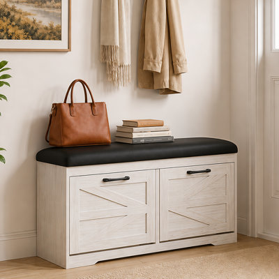8 Pair Shoe Storage Bench With Lift Top, 2 Flip Drawers & Padded Seat Cushion