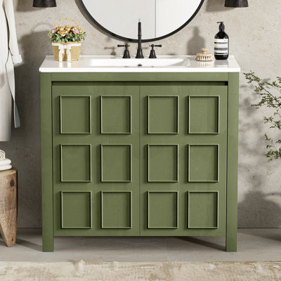 [Meuble-lavabo vert olive de 36 po] Organisateur de lavabo en céramique | Armoire de rangement | Petite solution de rangement de salle de bain moderne