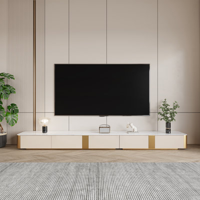  118'' White and Gold Faux Marble TV Stand with 5 Drawers for Living Room, Entertainment Center with Gold Base for Tvs up to 125 Inch