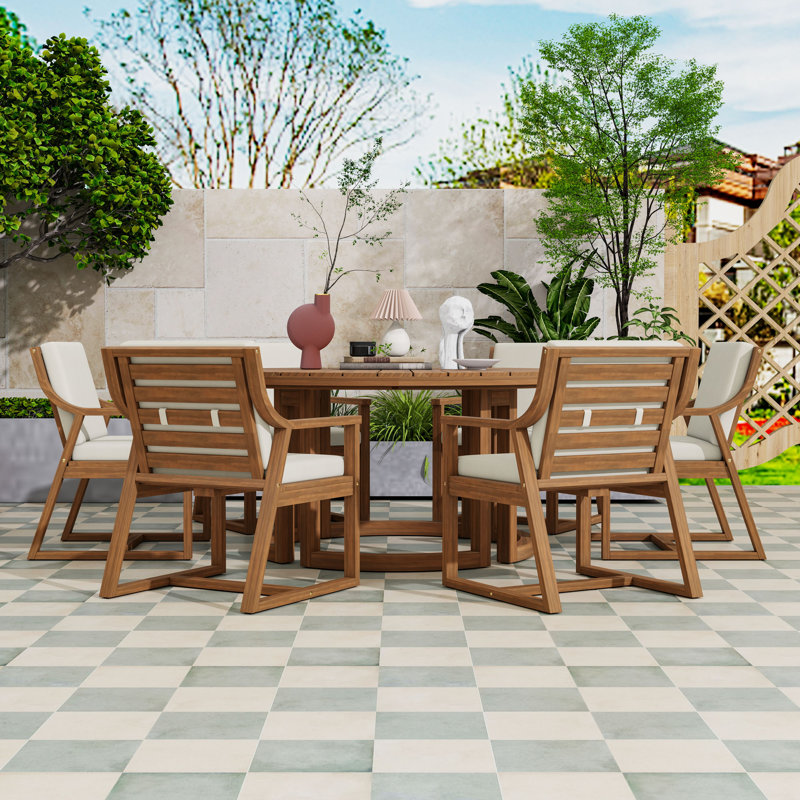 Ensemble de salle à manger 7 pièces avec table ronde, chaises rembourrées et trou pour parasol, Teck clair