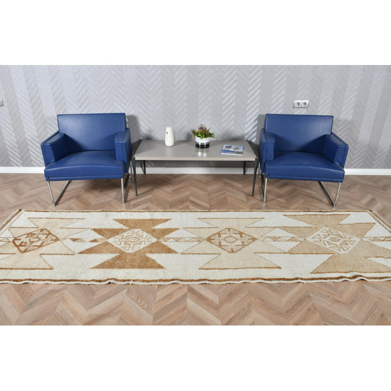 Tapis de couloir turc rétro beige avec motif géométrique en laine, parfait pour les couloirs et les longs tapis décoratifs orientaux