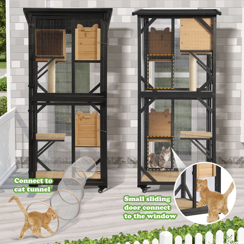 Black and Natural Wood 4-Tier Outdoor Cat Enclosure with Wheels