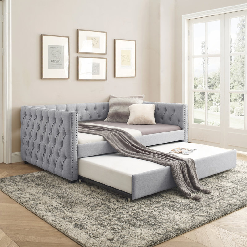 Lit de jour rembourré avec couchette, Gris, Complet/Double