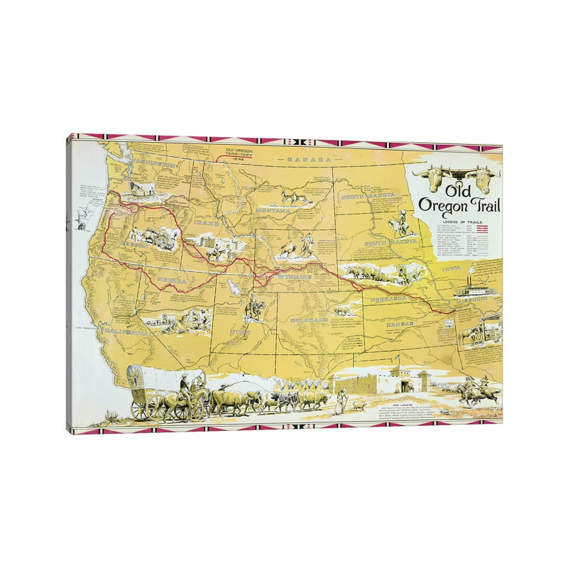 Map Of The Old Oregon Trail by American School - Wrapped Canvas Painting, 20.32cm H x 30.48cm W x 1.905cm D