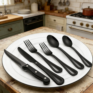24-Piece Black Stainless Steel Flatware Set With Steak Knives, Mirror Finish Pearled Edge Cutlery